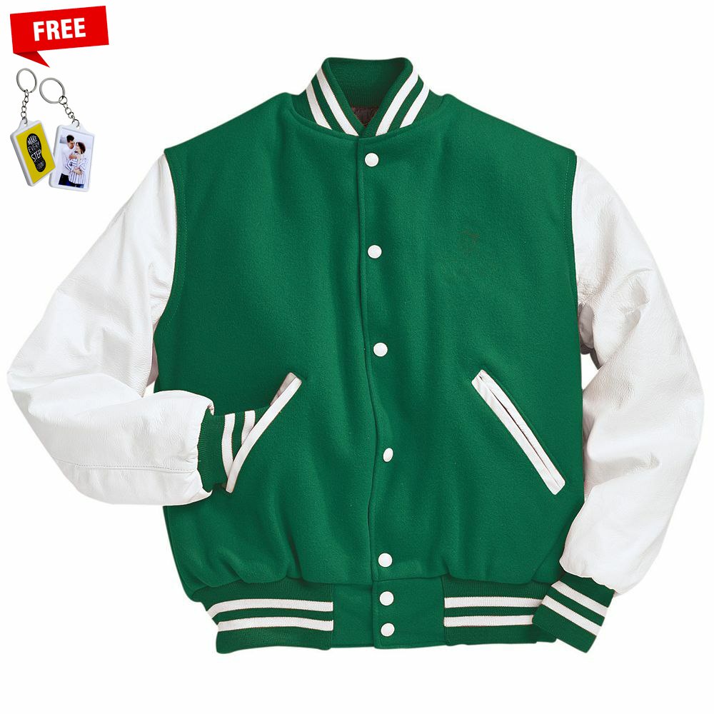 Jaket Varsity Hijau Strip Putih Polos Free Gantungan Kunci