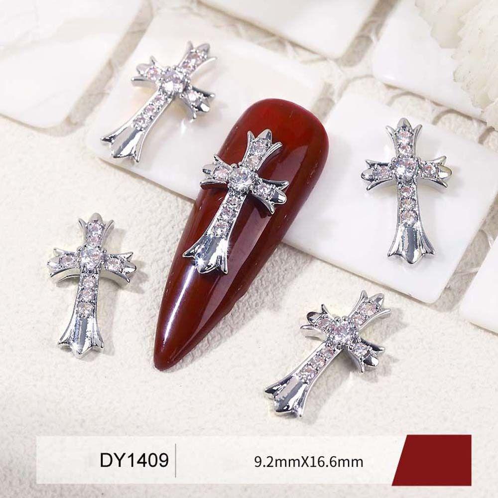 [Elegan] Cross Dekorasi Kuku Wanita Retro Perak Jepang Nail Drills Croix Cross Zirkon Hiasan Kuku 3D Nail Jewelry