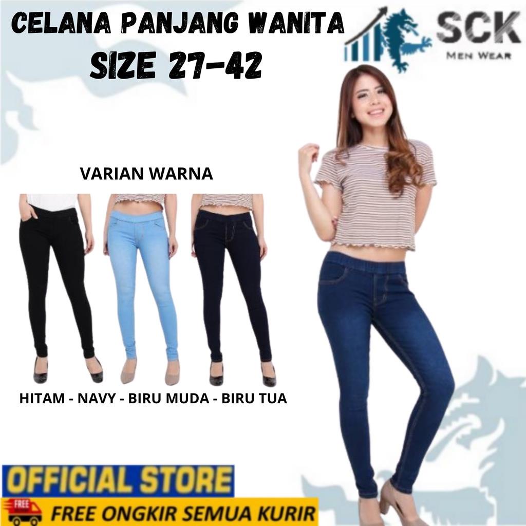 Celana Panjang Jeans Wanita CARRY BLESSING Legging Pinggang Karet / Bawahan Denim Cewek Hitam Navy Blueice Blue Casual Size 31-42 - sckmenwear GROSIR