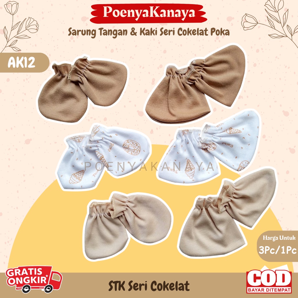 3set/1set Sarung Tangan &amp; kaki Katun Bayi Mitten Sartaki Seri COKELAT POKA AK12