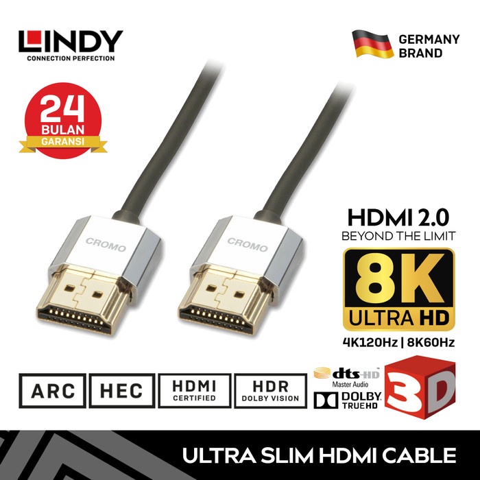 Kabel HDMI LINDY 30cm 50cm 1m 2m Cromo Ultra Slim HDMI 2.0 Cable with Ethernet 8K 4K 2K 1080P 3D HEC ARC 18Gbps Kabel Flexible Lentur 41669 41670 41671 41672
