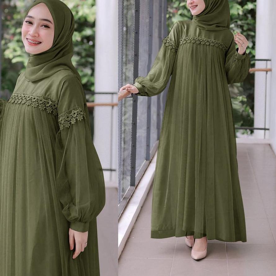 ✸ MAXI DRESS PANJANG NURAINI | GAMIS MUSLIM MURAH PEREMPUAN BROKAT TILE CANTIK RENDA IMPORT TERBARU 
