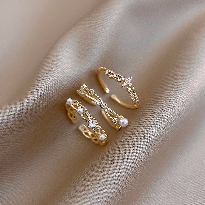 YEEZII Cincin Open Rings Emas Mewah Mutiara Kristal Berongga Set Cincin Untuk Perhiasan Aksesoris Wanita