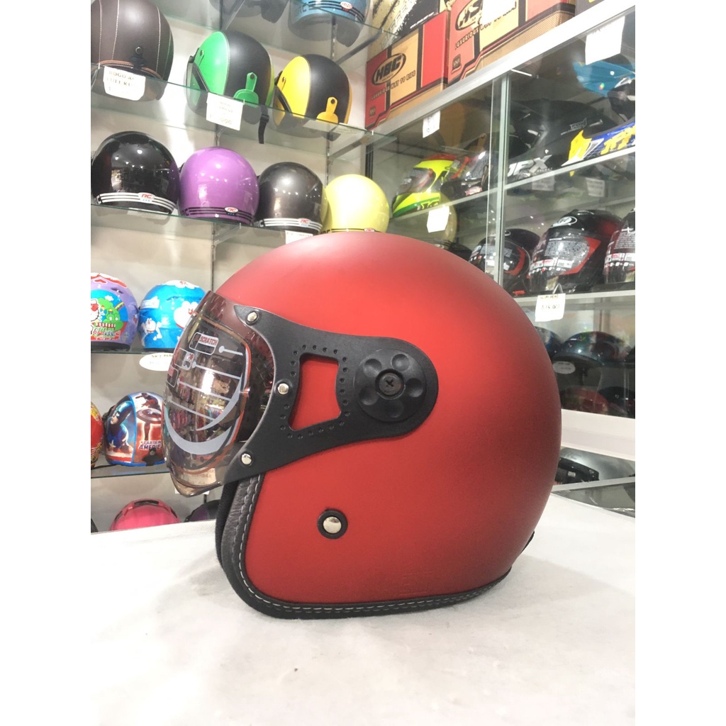 Aizo Helm Pilot Italy Half Face Dewasa Kaca Pilot Warna Merah Maroon Doff Standar Keamanan Berlabel 