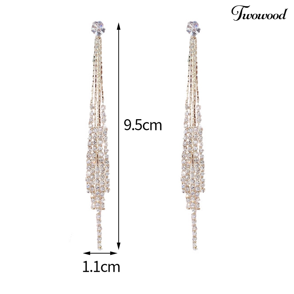 Twowood 1pasang Anting Stud Dainty Elegan Temperamen Mewah Berlian Imitasi Bertatahkan Jumbai Linear Earrings Perhiasan Fashion