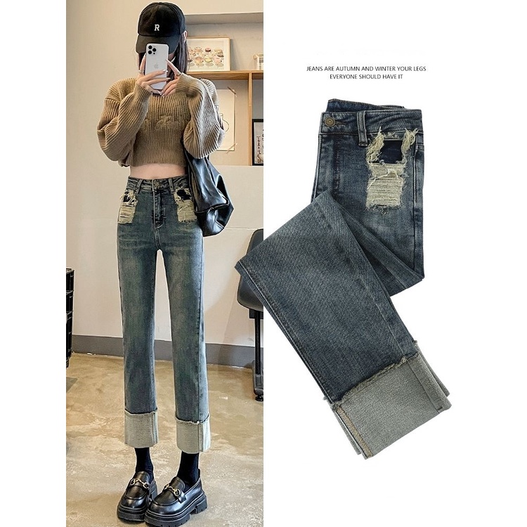 Rolled Edge Straight Jeans Wanita Baru Pinggang Tinggi Dipotong Celana Rokok