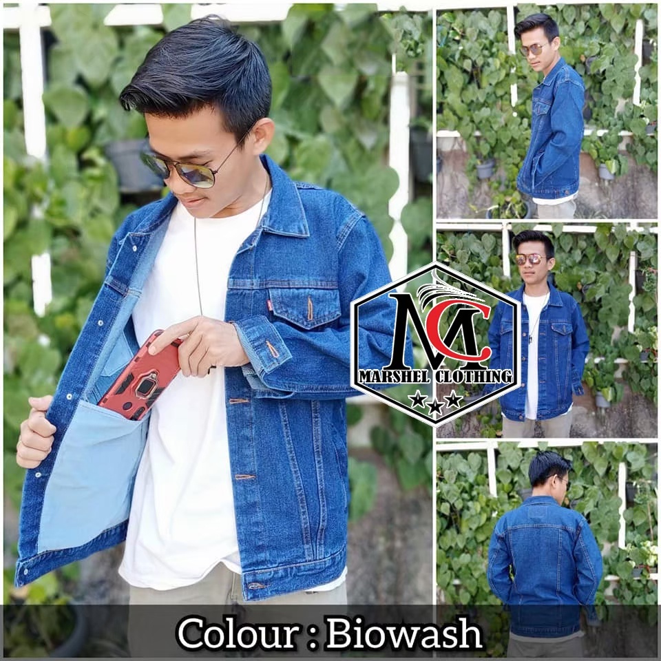 RCL - Jaket Jeans Denim Pria Regular Biru Wash Best Seller / Jaket Jeans Denim Pria Jumbo Big Size Cowok Polos Biru Dongker Oversize Premium Quality