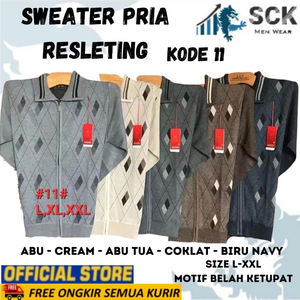 Sweater Pria Rajut Krah Resleting Full Motif Casual - sckmenwear GROSIR