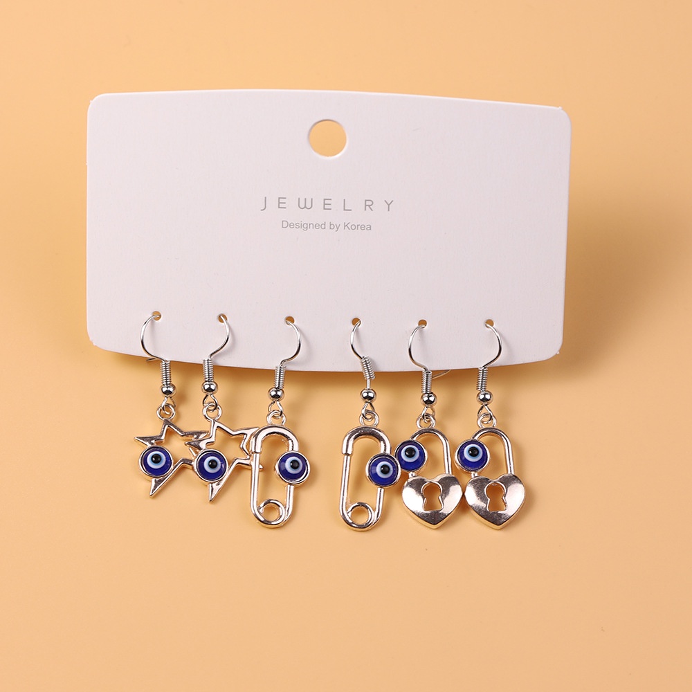 Cocojewelry 3pasang/Set Fashion Devil Eyes Drop Earrings Geometris Perhiasan Telinga Mata Biru