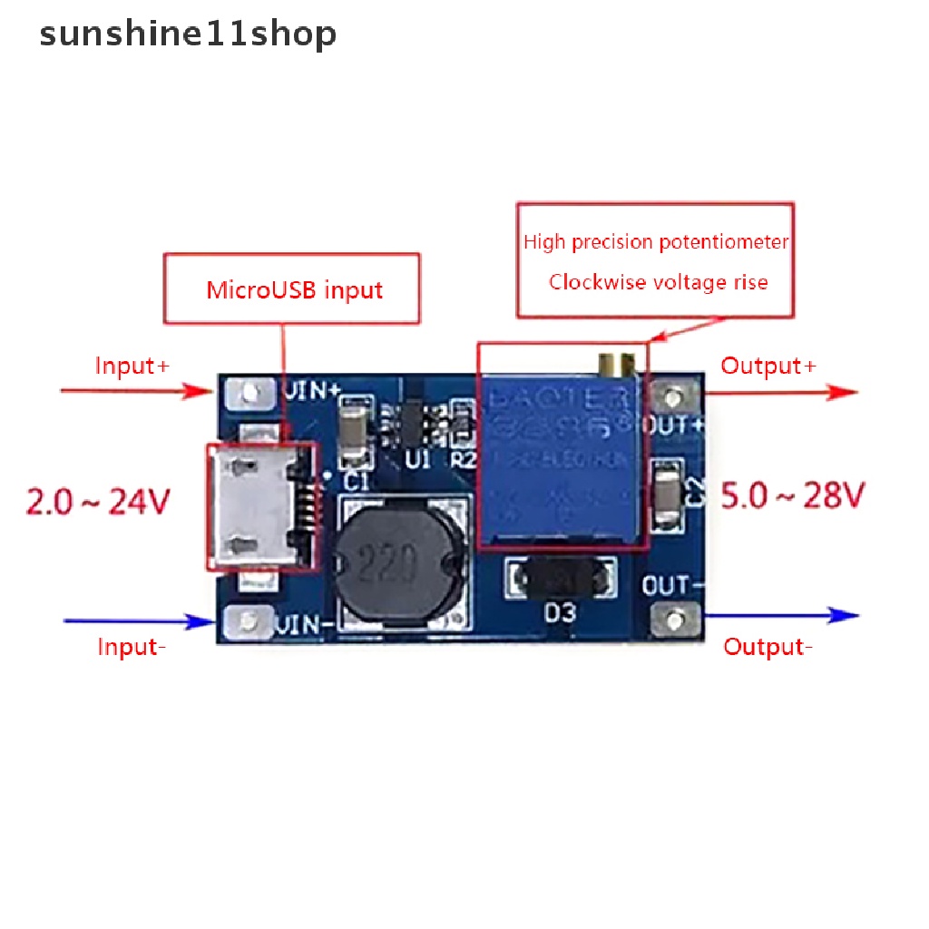 Sho DC-DC Adjustable Boost Module 2A Boost Plate Modul Step Up Dengan/Tanpa MICRO USB 2V-24V Ke 5V 9V 12V 28V N