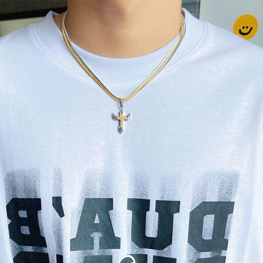 Agustina Pria Kalung Emas Trendy Sayap Hiphop Liontin Salib Keren Tembaga Gaya Korea Necklace