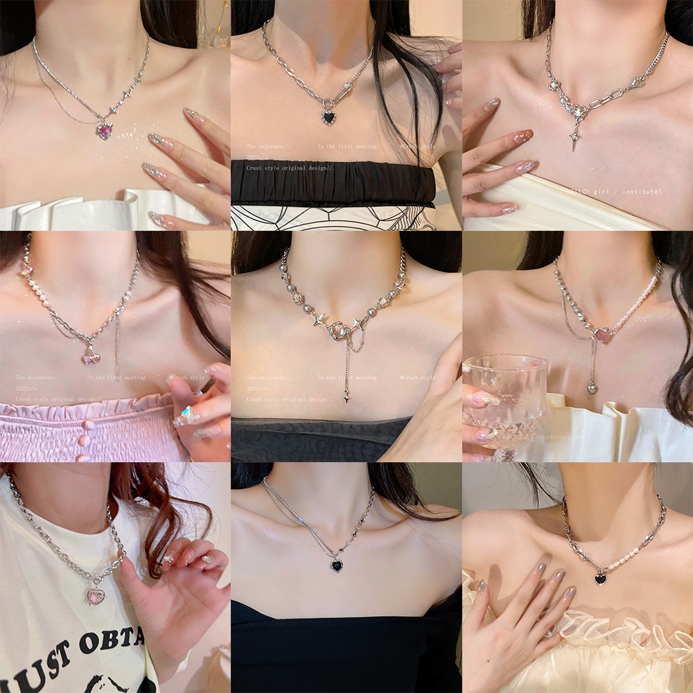 Y2k Aksesoris Fashion Hati Liontin Kalung Merah Muda Kristal Gadis Manis Keren Klavikula Rantai Moonstone Kalung Perhiasan Aesthetic