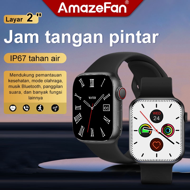 AmazeFan 2.0 inch Smartwatch jam tangan  Layar Penuh smartwatch  wanita pria  Layar Sentuh Android/IOS anti air Health SpO2 Pemantauan tidur，Mode olahragaMusik，Bluetooth，Asisten Suara Pintar，Pemotretan foto，Peringatan penelepon，Pengisi daya magnetik