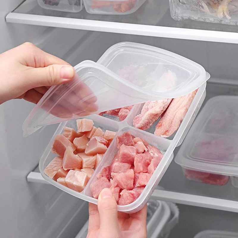 Kualitas Tinggi 4kisi Kotak Penyimpanan Buah Makanan Portable Kompartemen Kulkas Freezer Organizer Sub-Packed Daging Bawang Jahe Clear Crisper