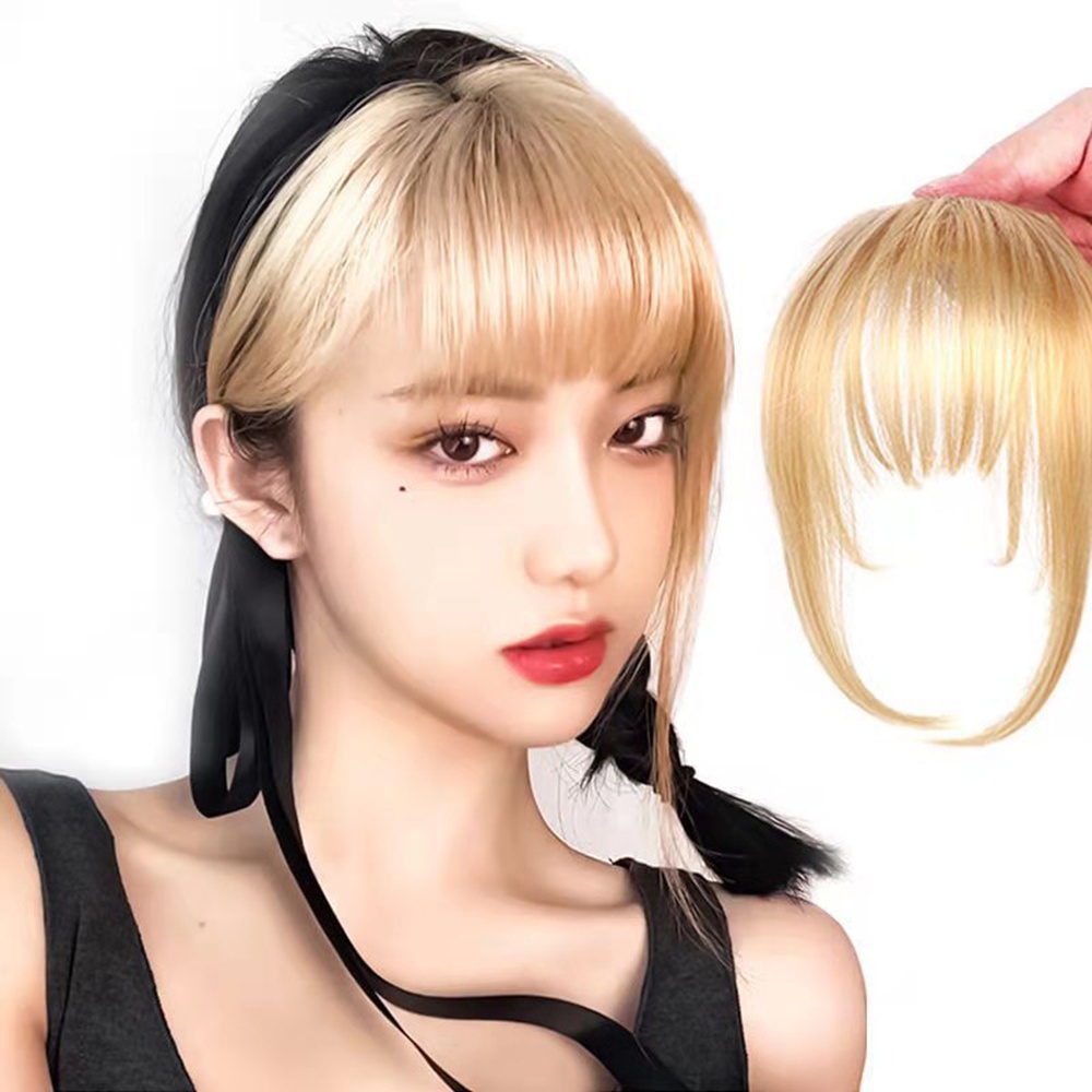 Rambut rambutan poni pendek palsu depan hairclip wig lurus samping helai sintetis wanita anak perempuan remaja dewasa ala korea korea style tebal tipis jepit clip warna blonde hitam