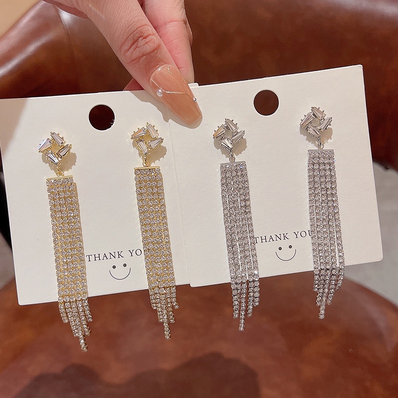 925 Perak Jarum Panjang Rumbai Berlian Imitasi Anting Wanita Fashion Berlian Stud Earring