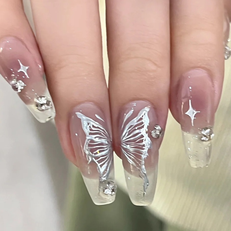 Silver Butterfly Nail Art Stiker 3D Laser Reflektif Ular Naga Bintang Bulan Hati Desain Foils Sparkly Decals Dekorasi Kuku