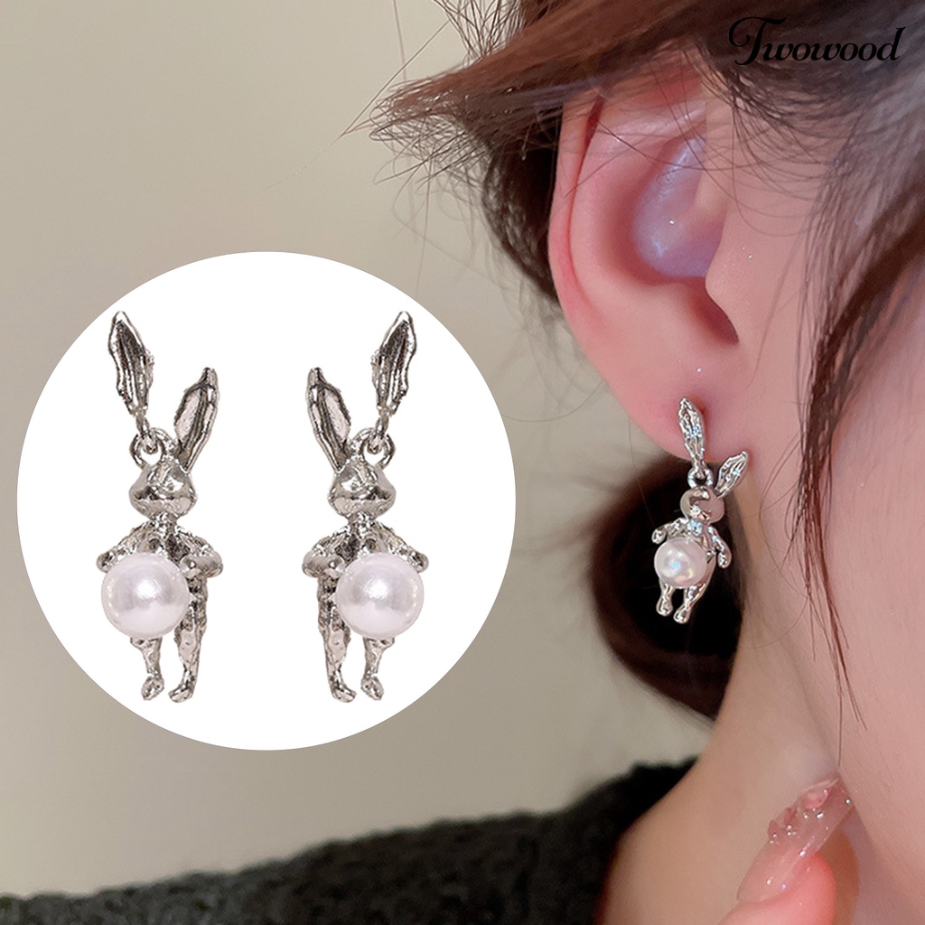 Twowood 1pasang Ear Studs Lucu Warna Perak Membawa Keberuntungan High Gloss Faux Pearl Rabbit Kelinci Wanita Anting Perhiasan Aksesoris