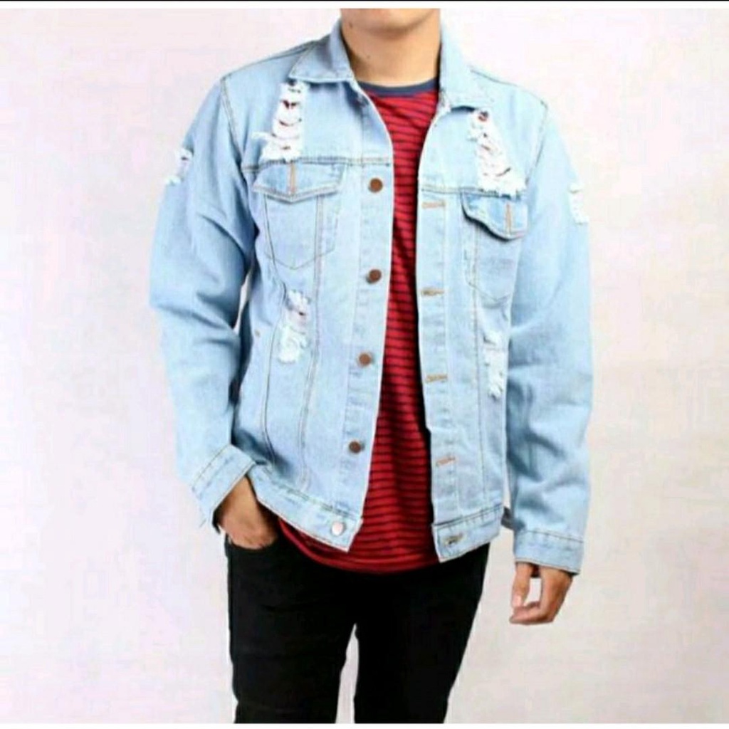 Jaket Jeans Sobek Pria /Jaket Pria Jeans Jumbo/ Jaket Levis Pria /Jaket Sanwash / Jaket Jeans Polos/