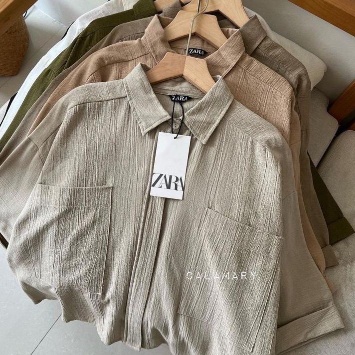 Zavila Shirt Rayon Crinkle - Kemeja Jumbo Saku 2 - Cozie Top Kemeja Linen - Blouse Wanita Korean Sty
