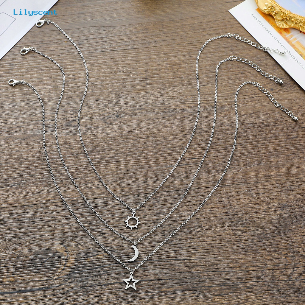 [LS] 3pcs Unisex Kalung Matahari Bulan Bintang Adjustable Perhiasan Indah Lucu Klavikula Kalung Untuk Pesta