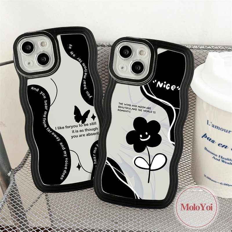 IPHONE Casing Retro Kupu-Kupu Kompatibel Untuk Iphone14 11 13 12 Pro Max XR X7 14 6s 86 Plus XS Max SE 2020 Shockproof Vintage Black Flower Soft Tpu Wavy Edge Back Cover