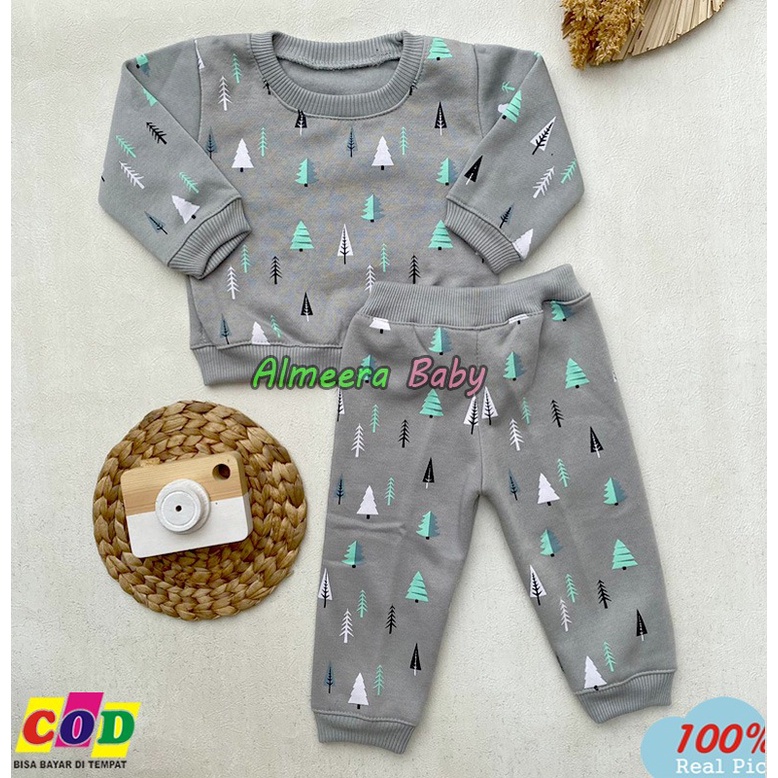 Setelan Baju Bayi Setelan Sweater Celana Joger Motif Pinus Bahan Flecee Usia 3-12 Bulan Almeera Baby and Kids