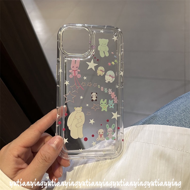 IPHONE Case Kompatibel Untuk Iphone11 14 13 12 Pro MAX 7plus XR 7 8 6 6S Plus X XS MAX 8plus SE 2020 Ins Korea Airbag Shockproof Kartun Bintang Lucu Beruang Kitty TPU Lembut Bening Ponsel Cover