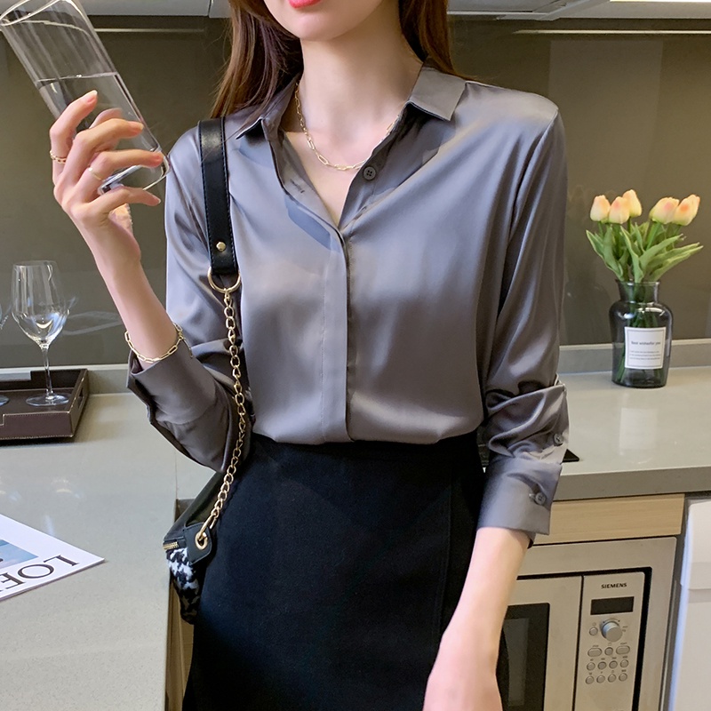 Red Purple Black White Grey Fashion Korea Style OL Work Shirts Lengan Panjang Blus Wanita Musim Panas Casual Blouse Warna Atasan kemeja