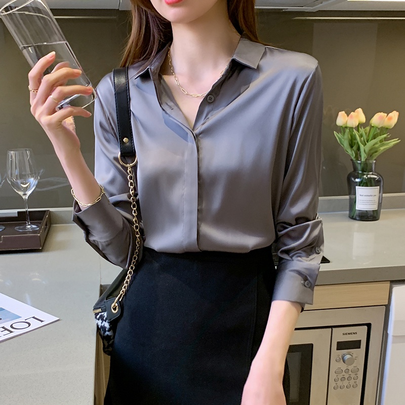 COD 2022 Red Purple Black White Grey Fashion Korea Style OL Work Shirts Lengan Panjang Blus Wanita Musim Panas Casual Blouse Warna Atasan kemeja wanita 2023