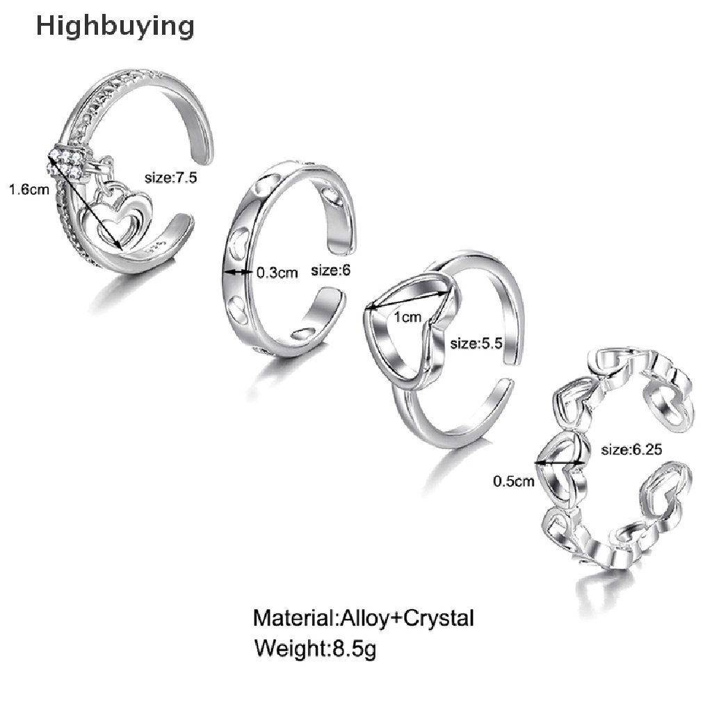 Hbid 4pcs/set Cincin Perak Romantis Hati Cinta Pembukaan Cincin Untuk Wanita Hadiah Pesta Pernikahan Fine Jewelry Glory