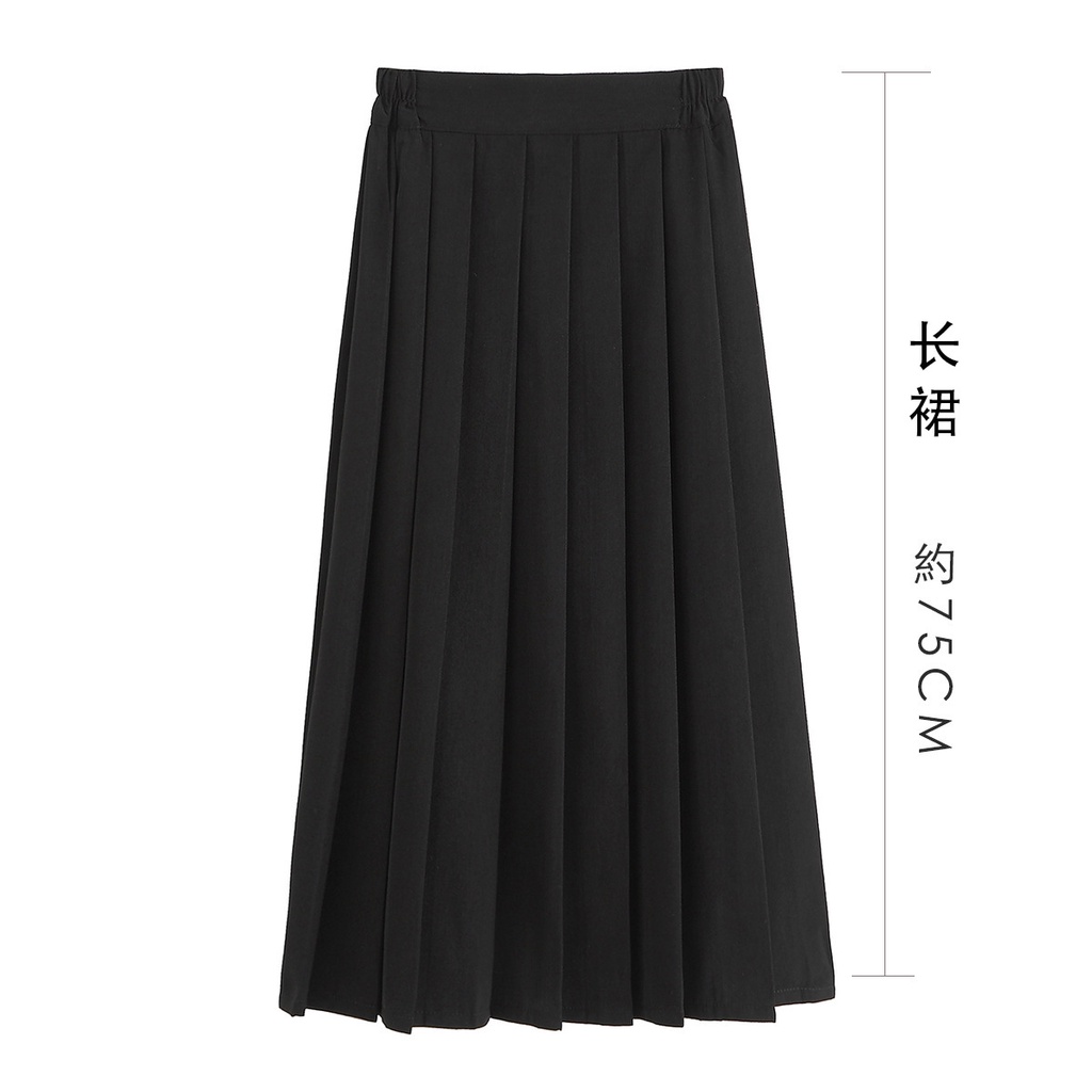 JK Seragam Rok  Preppy A-Line Rok Berlipit Elastis Pinggang Hitam Rok Panjang Plus Ukuran  Jepang Ro