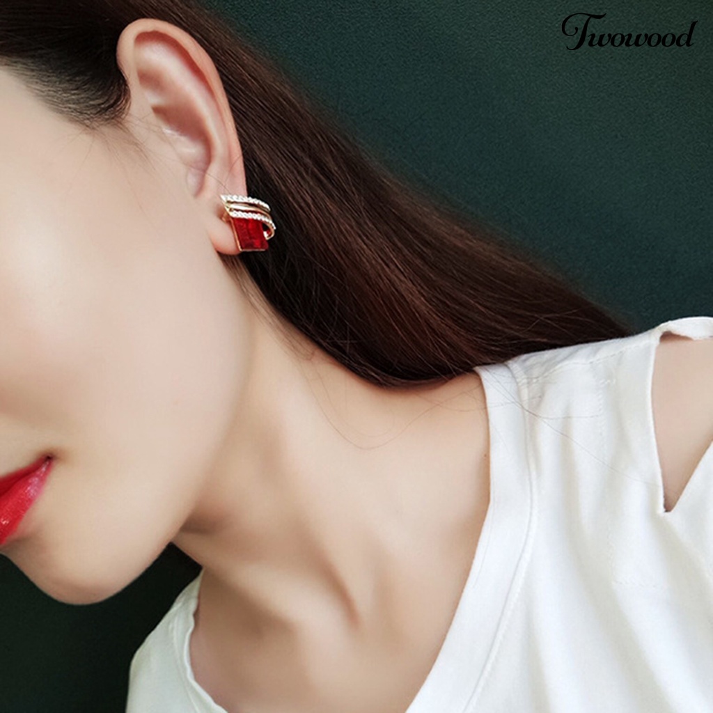 Twowood 1pasang Ear Studs Rhinestone Geometric Electroplating Luxury High Gloss Hiasan Telinga Perhiasan Kristal Imitasi Engagement Earrings Hadiah Anniversary