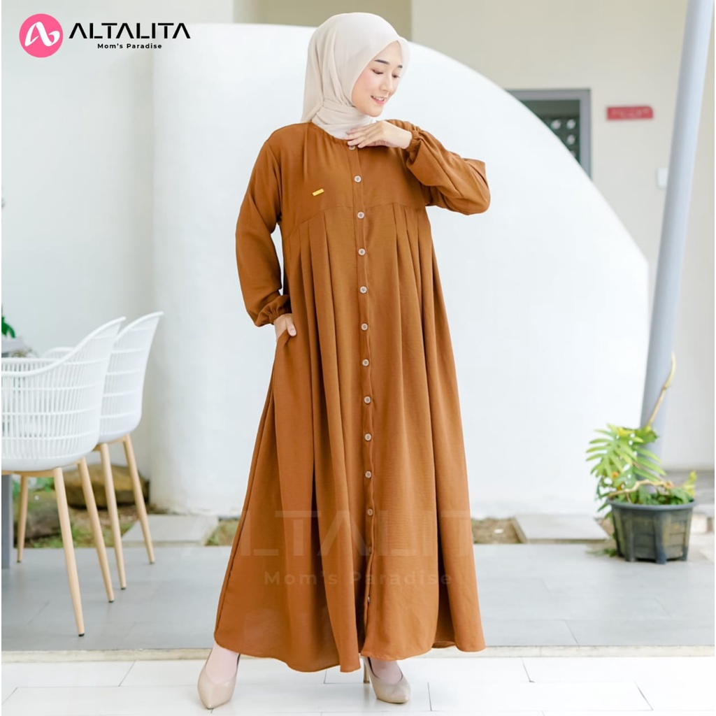 Altalita - Dress Amaraa Full Kancing Wanita Muslimah Kekinian Cringcle Airflow Polos Gamis Busui Lengan Panjang Basic Casual Premium Lebaran Kondangan Vintage Terbaru