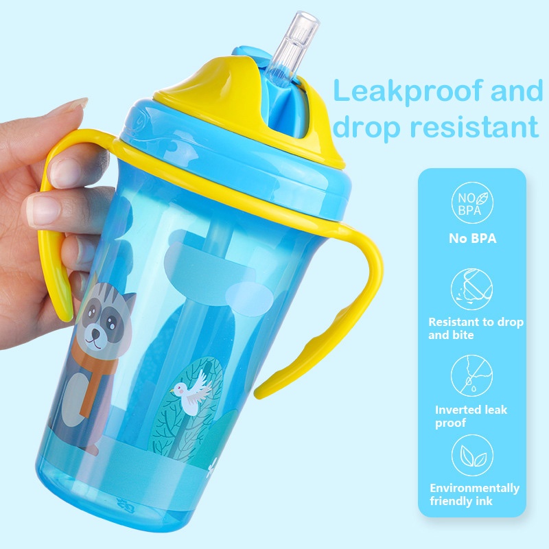 ღ Kartun Anak-anak Botol Air dengan Jerami Hewan Kartun Anak-anak Bayi Straw Cup Dapat Digunakan Kembali Tahan Bocor Cangkir untuk Anak-anak Botol Air anak Belajar Minum Cangkir