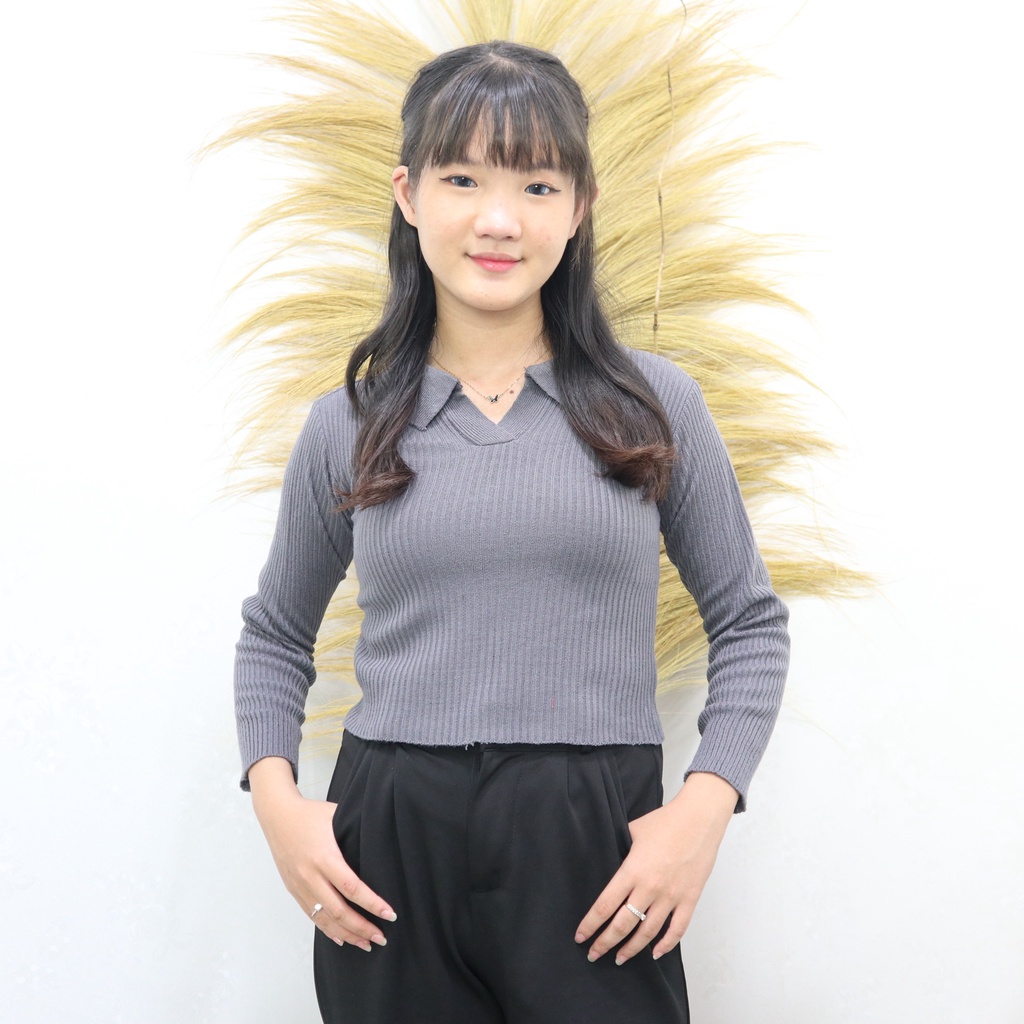 Crop Lola Knit kerah Rajut Lengan Panjang wanita