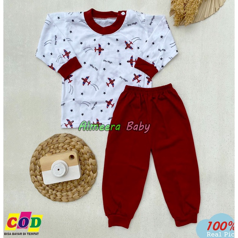 Setelan Baju Bayi Piyama Bayi Lengan Panjang Kancing Pundak Motif Airplane Usia 3-12 Bulan Almeera Baby and Kids