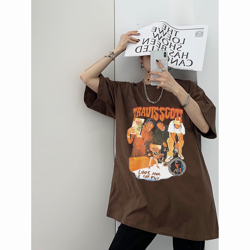 EUNII Brown T-shirt Lengan Pendek Retro Hip Hop Boy Printing Korean Style/Kaos Atasan Wanita/Baju Kaus Oversize Wanita/Kaos Wanita