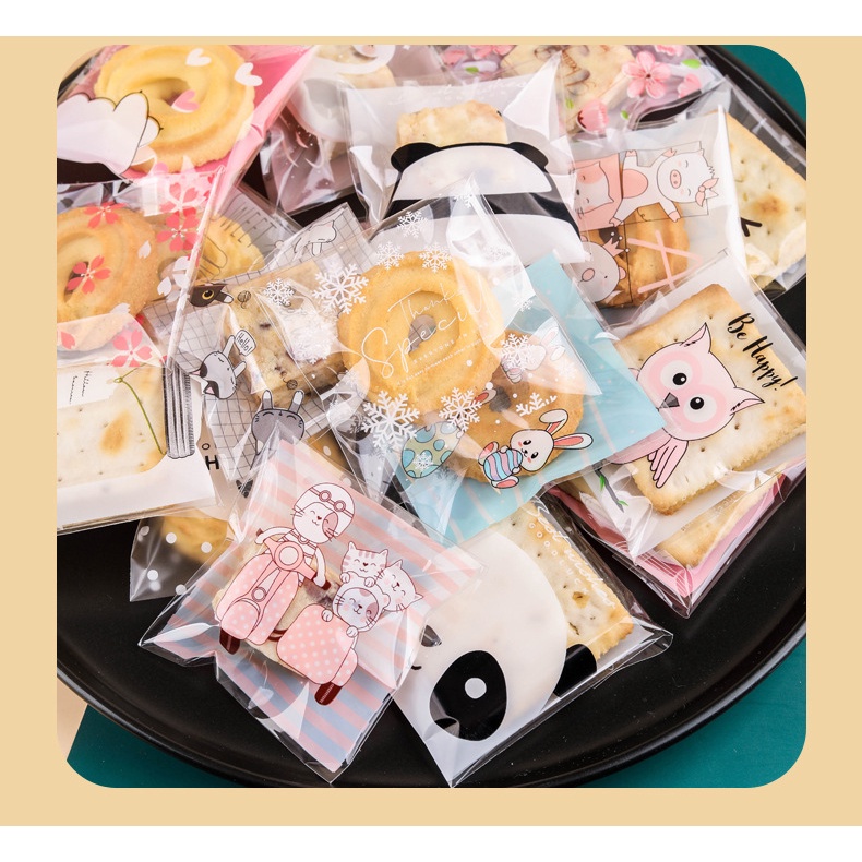 (100 PC) PLASTIK COOKIES KAWAII 7X7 CM / PLASTIK KEMASAN SUDAH ADA LEM MOTIF KARTUN LUCU / PLASTIK KUE SIMPLE MOTIF CAMPUR