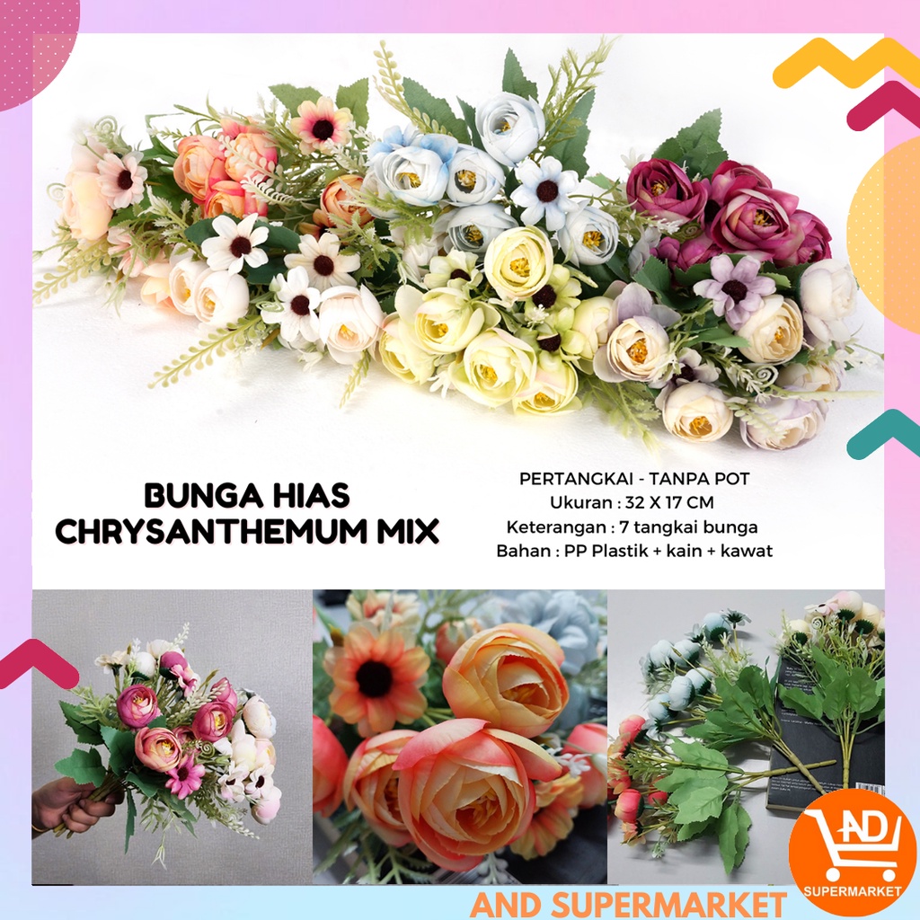 AND / COD / Bunga Chrysanthemum Mix Hias Bunga Hias Plastik Import Dekorasi Rumah Murah Artificial Flowers Cantik Hiasan Bunga Hias Tangkai PBP149