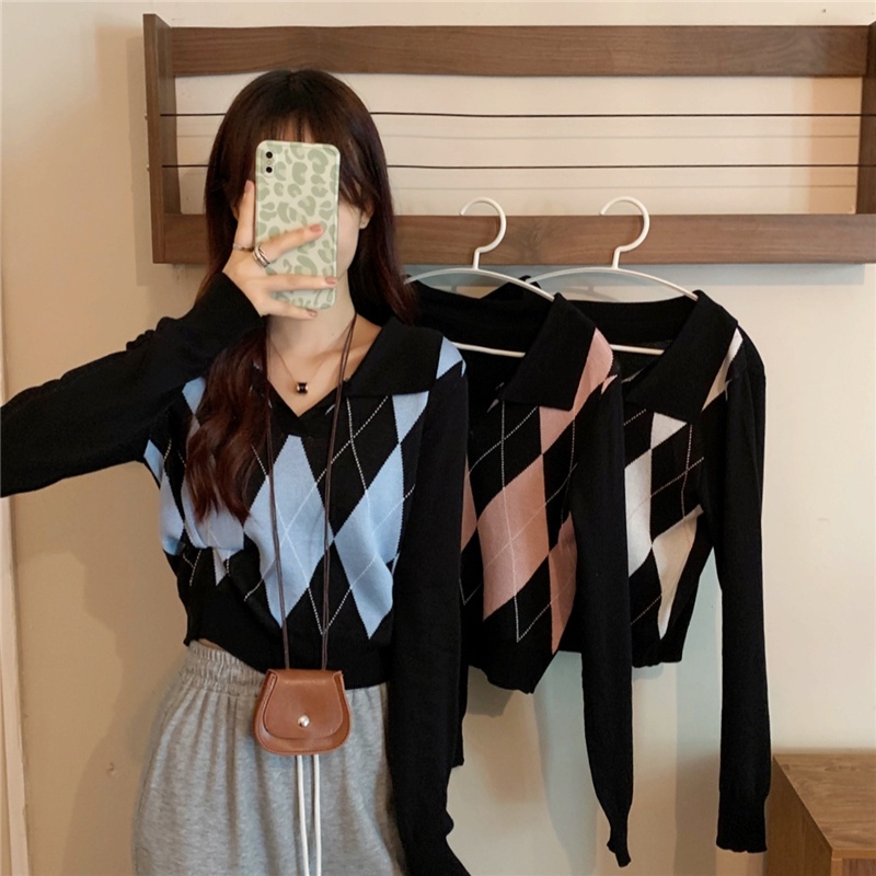 sweater rajut belah ketupat retro korea longgar wanita