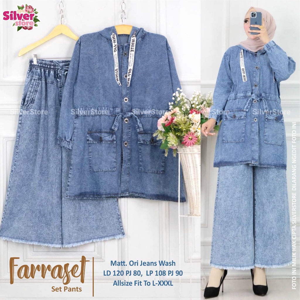 SETELAN JEANS / 11.7 / FARRASET YESIA YASMI MIREKEL ZASIA PANDAI ARIYANA PYTIA MEIKE / ONE SET ALLSIZE JUMBO / SILVER
