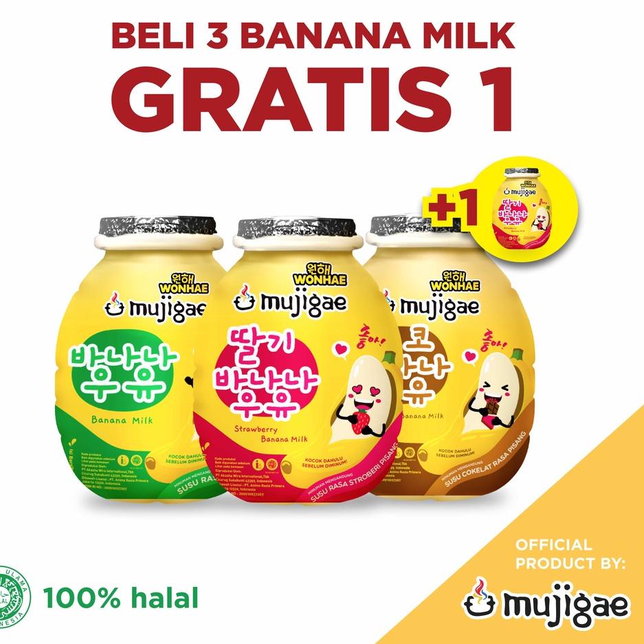 

➵ BELI 3 GRATIS 1 Mujigae Banana Milk Mix Original, Choco dan Strawberry 250 mL ✩