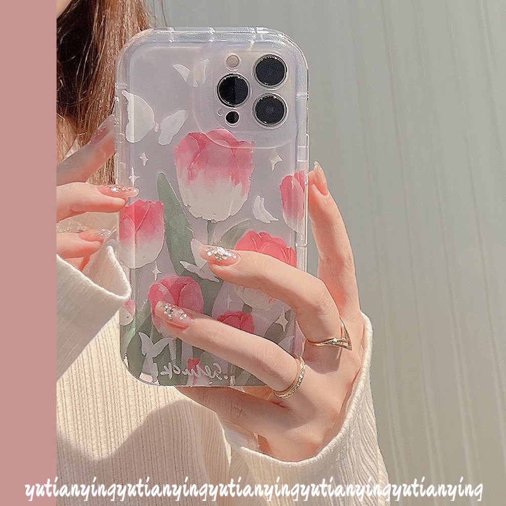 IPHONE Fashion Segar Musim Semi Bunga Casing Kompatibel Untuk Iphone11 13 12 Pro MAX XR 6 6S 7 8 Plus 14 Pro MAX X XS MAX Tulip Kupu-Kupu Shockproof Lembut TPU Airbag Phone Case