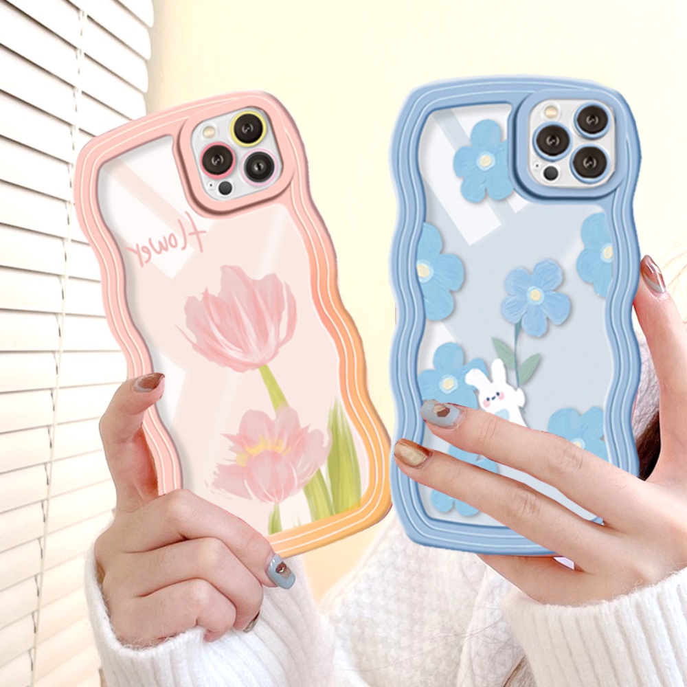 Redmi Note 11S 11 Pro Redmi 10C 10A 9A Note10 5G Note 10S 9C 9T Note9 Note8 Poco X3 Pro NFC Lukisan Minyak Tulip Kelinci Motif Bunga Gelombang Pinggir TPU Phone Case Cover DGX