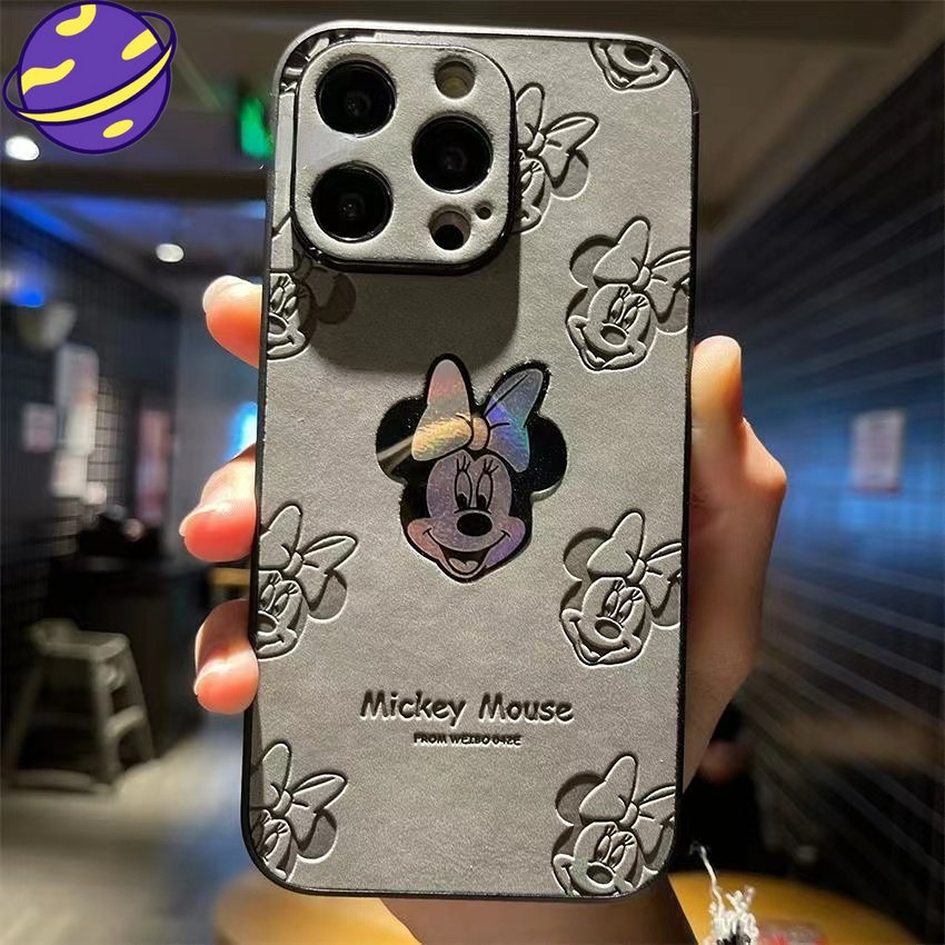 Laser Bow Mickey&amp;Minnie Back Casing for IPhone 14 12 13 11 Pro Max 14plus Leather Lens Protective Case