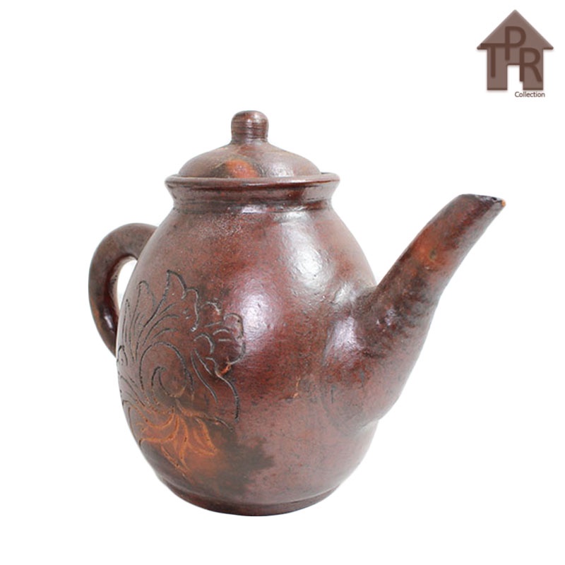 Gerabah - Poci Tanah Liat Ukir Kembung Antik / Tea Pot 1.8L + Krat Kayu