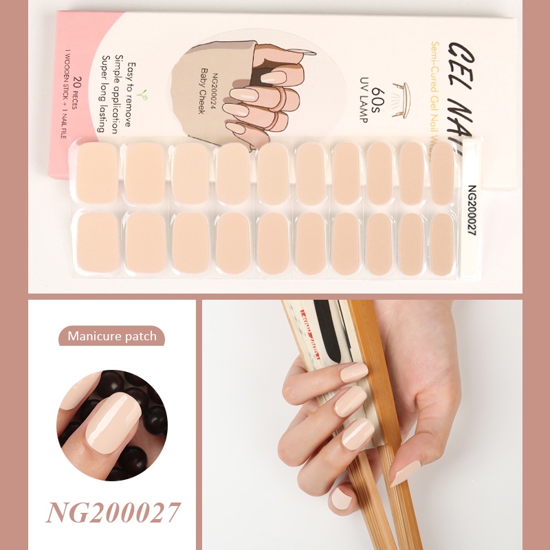 20tips Warna Pink Nude Semi Obat Gel Kuku Strip Patch Sliders Perekat Tahan Air Full Cover Gel Nail Stcikers