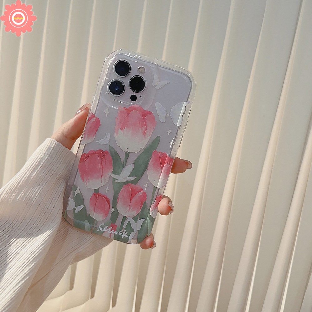 IPHONE Airbag Shockproof Case Kompatibel Untuk Iphone7 8 Plus 6 6S 11 14 13 12 Pro MAX XR X XS MAX Spring Fresh Flower Fantasy Butterfly Tulips Transparan Soft Casing Cover