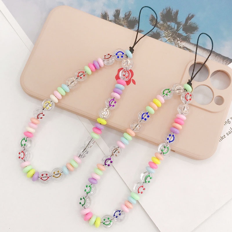 Rantai Manik-Manik Gepeng Warna Pelangi Wajah Senyum Transparan Untuk iPhone Android OPPO VIVO Huawei Xiaomi Redmi Samsung Semua Ponsel Earphone Case Tali Anti Hilang